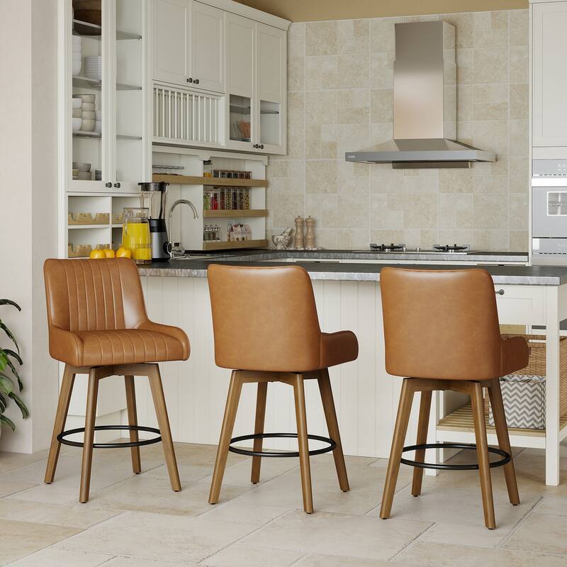 26" Faux Leather Upholstered Wood Swivel Counter Stool Set of 3 or 4 - 38.8"H x 20.5"W x 21.7"D - Set of 3 - Brown