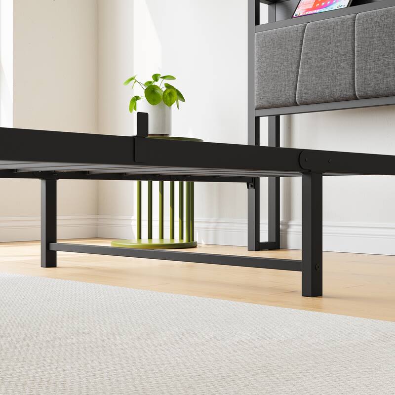 Grey Twin Metal & Wood Platform Bed Frame with Storage Headboard and Charging Station