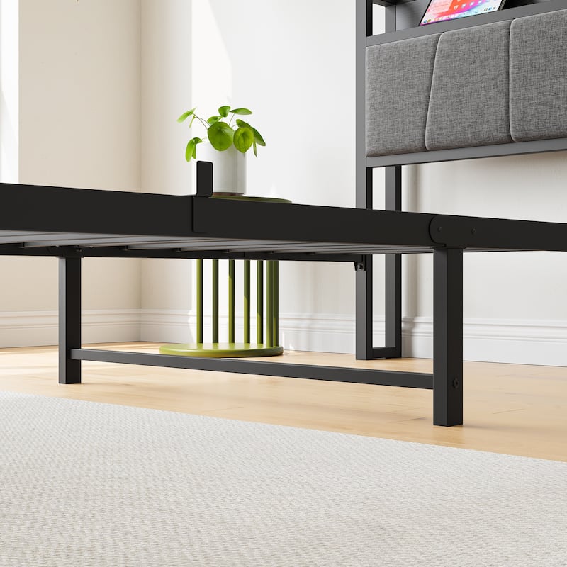 Twin Metal Platform Bed with Upholstered Headboard