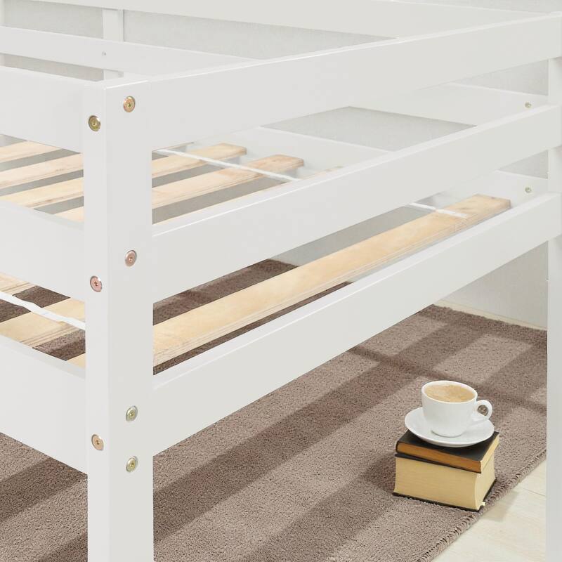 Twin Size Wooden Loft Bed with Staircase and Storage Steps, Solid Pine Frame with Guardrails