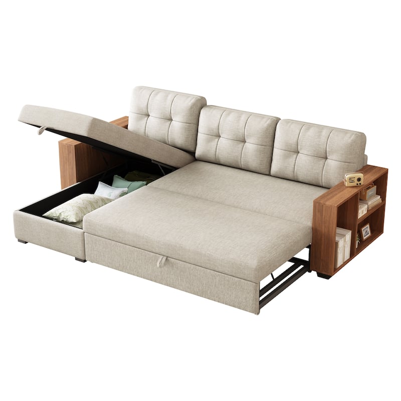 Beige 84'' Corner 3-Seat Sectional Sofa with Storage Chaise, Pull-Out Sleeper Feature and Wooden Armrests