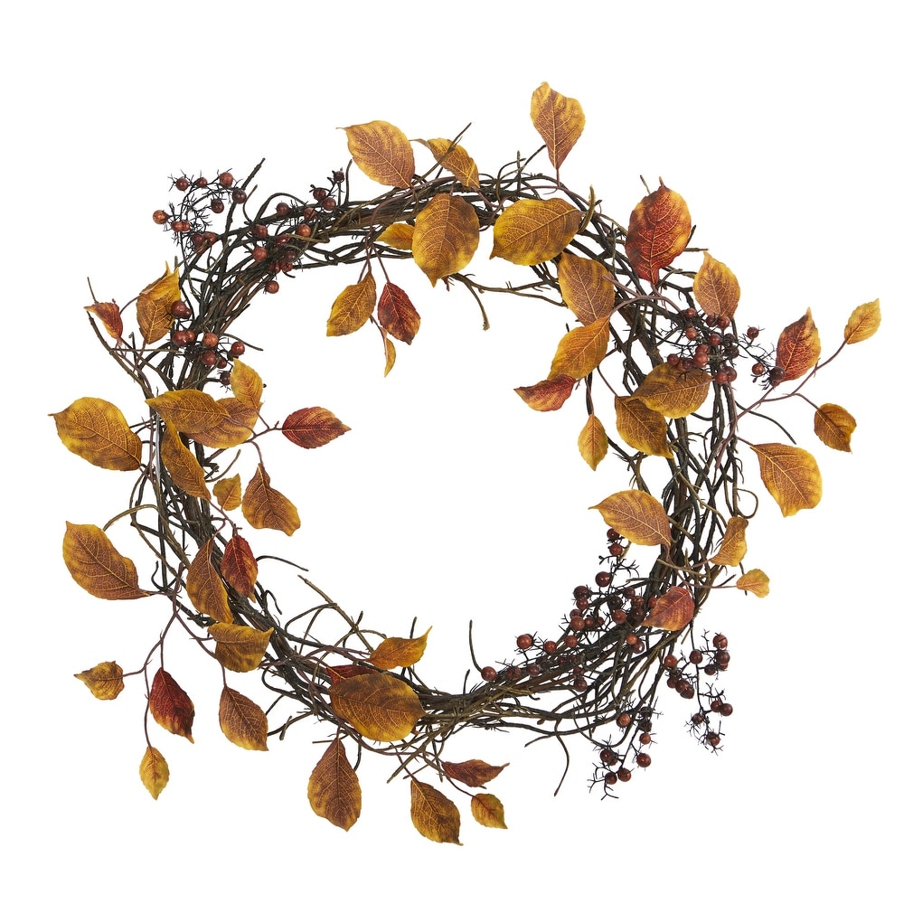 24in Fatsia with Berries Autumn Artificial Wreath