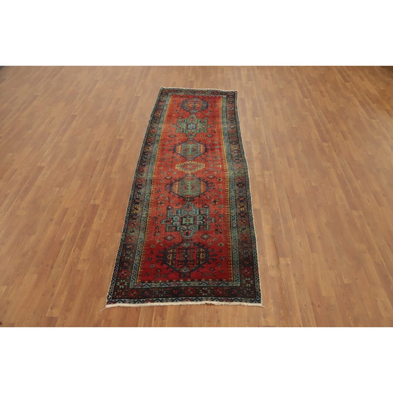 Hand Knotted Oriental 100% Wool Carpet Traditional Geometric Oranges & Rust Heriz Runner Rug - 10' 1'' X 3' 5''