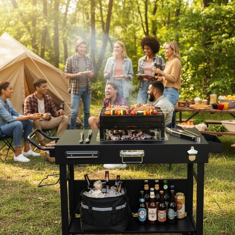 Portable 4-Wheel Collapsible BBQ Prep Table Black Outdoor Grill Station - N/A