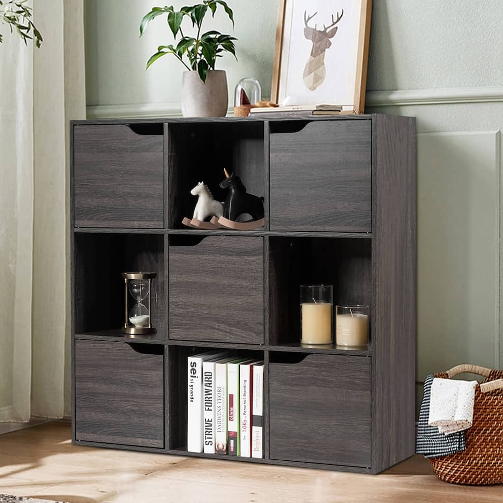 9-Cube Bookcase Toys Storage Bookshelf w/5 Doors & 4 Open Cubes