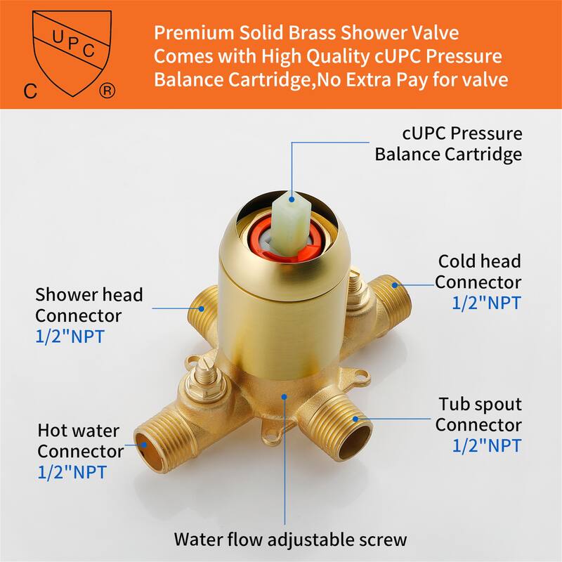 Wall Mounted Shower Faucet with Tub Spout, Complete Brushed Gold Tub Shower System Wth Pressure Balance Valve