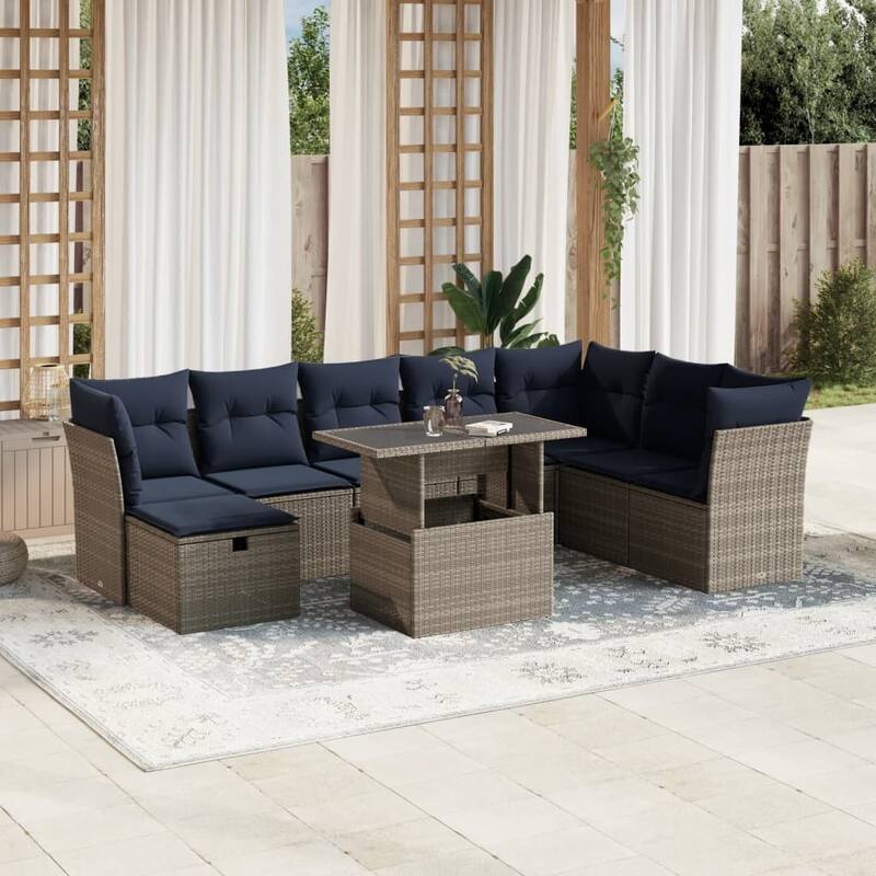 vidaXL Patio Sofa Set with Cushions and Table Outdoor Garden 9 Piece Poly Rattan - 24.4" x 24.4" x 27.2" - Gray