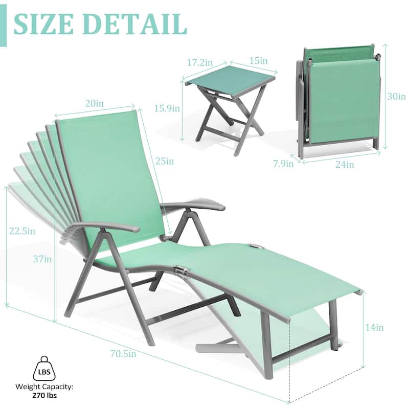 Pellebant Outdoor Adjustable Chaise Lounge Folding Chair and Table Set - N/A