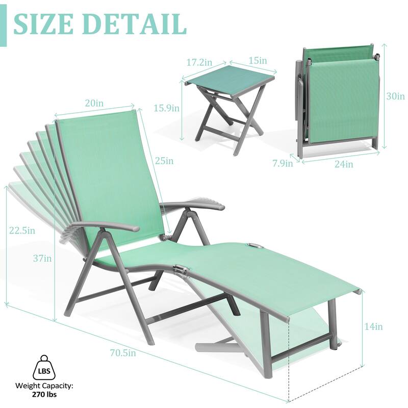 VredHom Outdoor Portable Folding Chaise Lounge Chair with Table (Set of 3) - 70" L x 20" W x 14" H