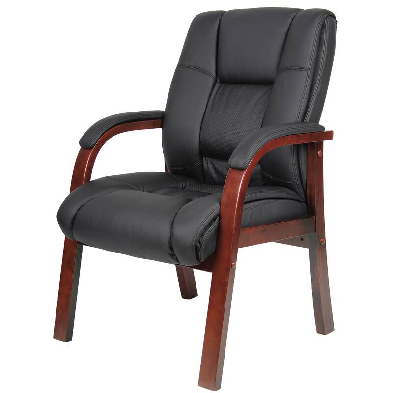 Aria Guest Armchair with Cherry Brown Wood Finish, Black Vinyl