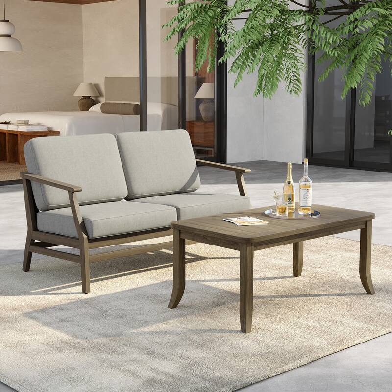 Outdoor Loveseat Sofa with Coffee Table Teak Wood Patio Furniture - NaturalFrame-Light Camel