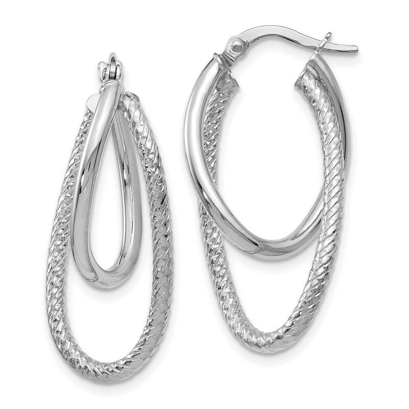 Curata 14k White Gold Polished and Textured Hinged Hoop Earrings - 28x15mm