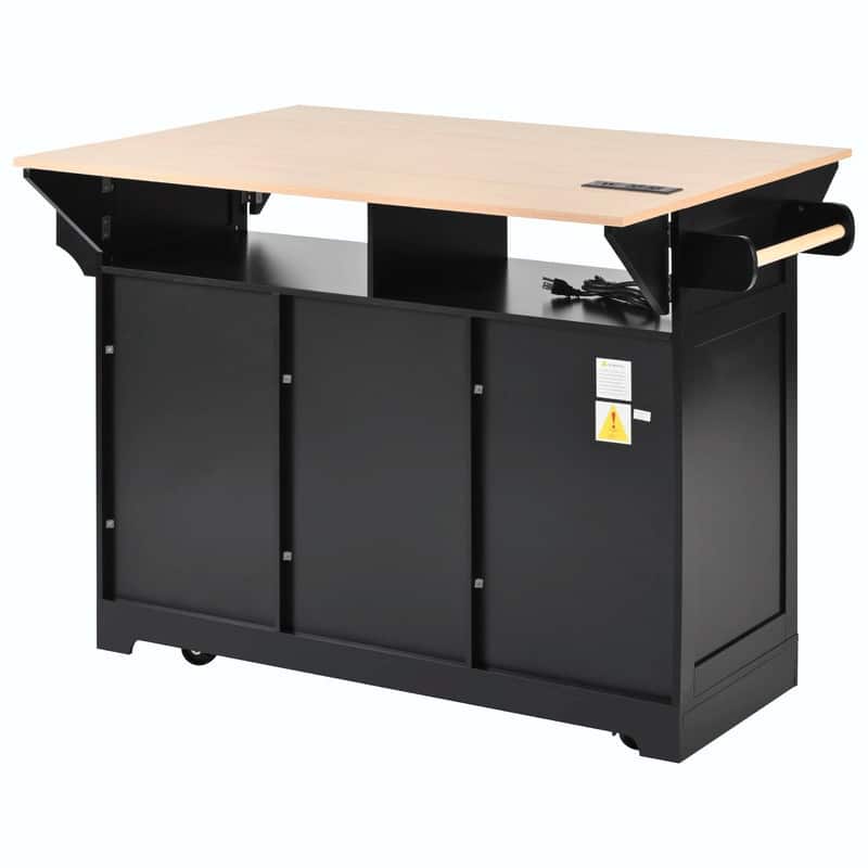 55.7" Rolling Kitchen Island with Double Drop Leaf, Power Outlet, 3 Drawers, Spice & Towel Rack, Folding Dining Table Cart