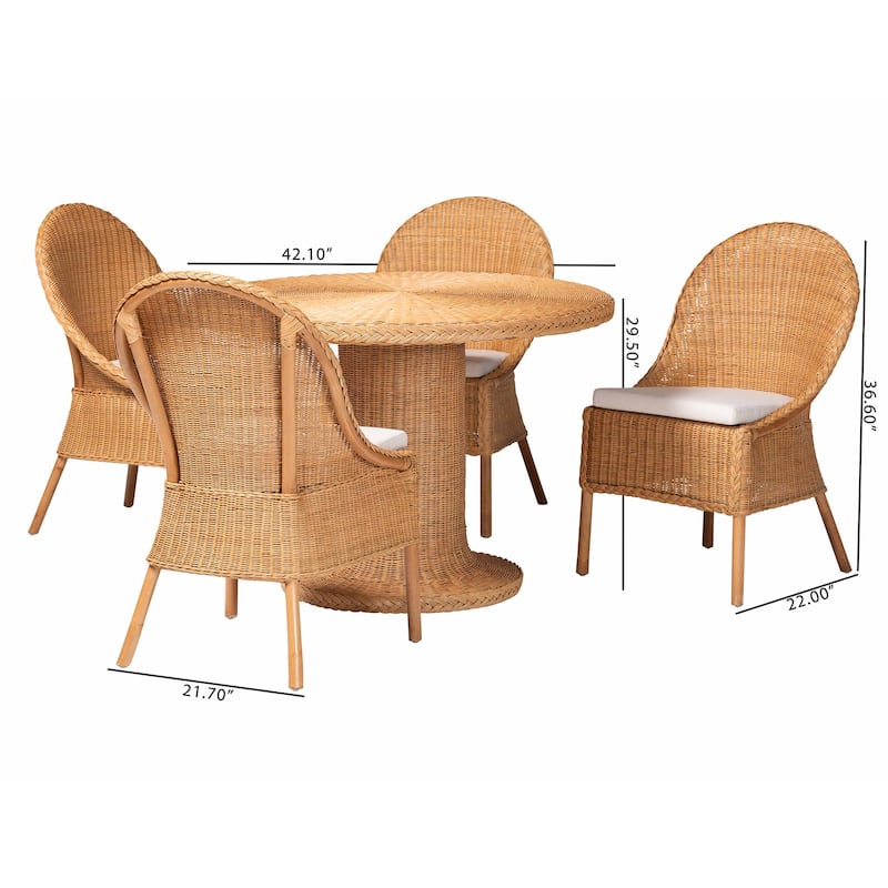 Willy 5-Piece Rattan Dining Set - Round Wicker Table with Pedestal Base and 4 Side Chairs, Handwoven Boho Coastal Style