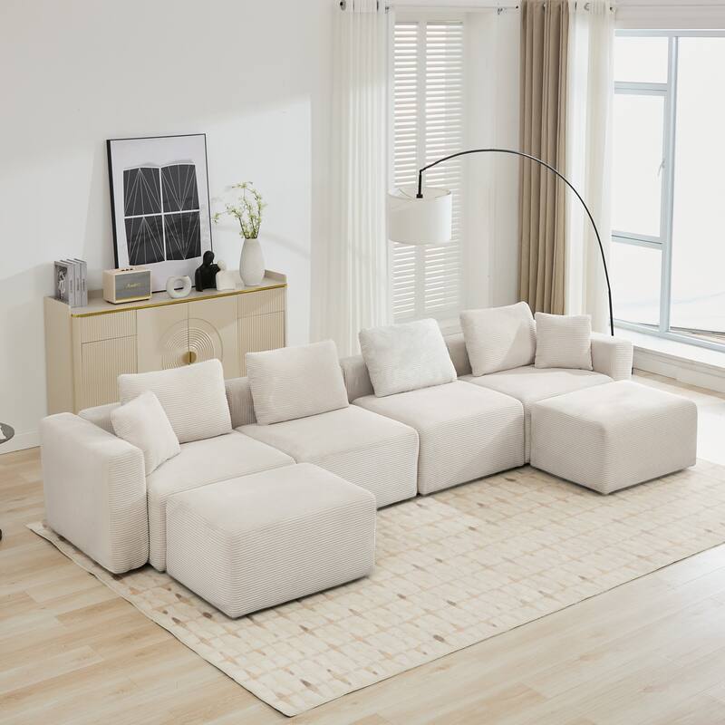 Corduroy Sectional Modular Sofa with Square Arms & Ottoman Extension for Flexible Arrangements
