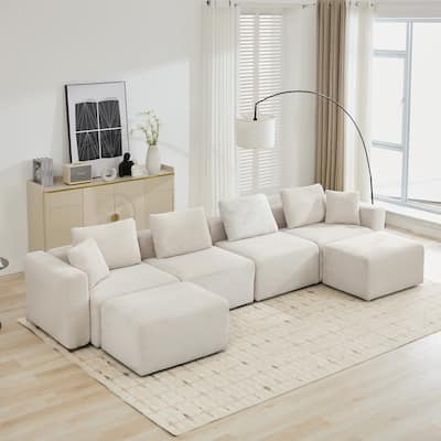 U-shaped Corduroy Sectional Sofa with 2 Large Ottomans, Square Arms & Ottoman Extension