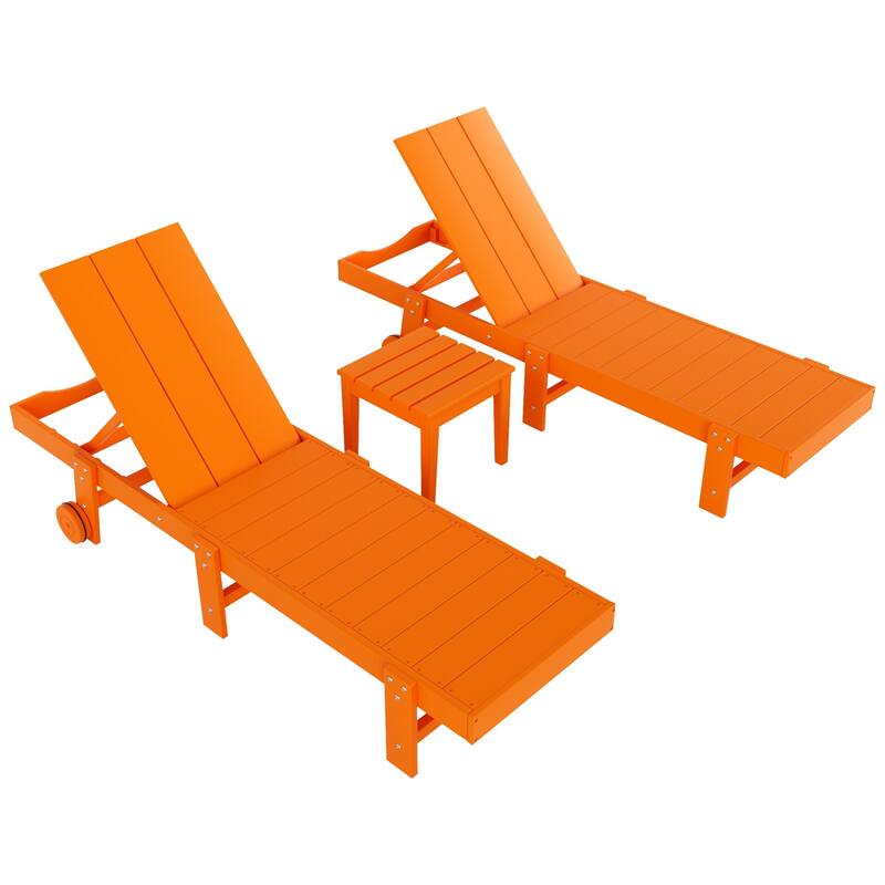Polytrends Shoreside Modern Poly Eco-Friendly All Weather Reclining Pool Chaise Lounge With Wheels and Side Table (3-Piece Set)