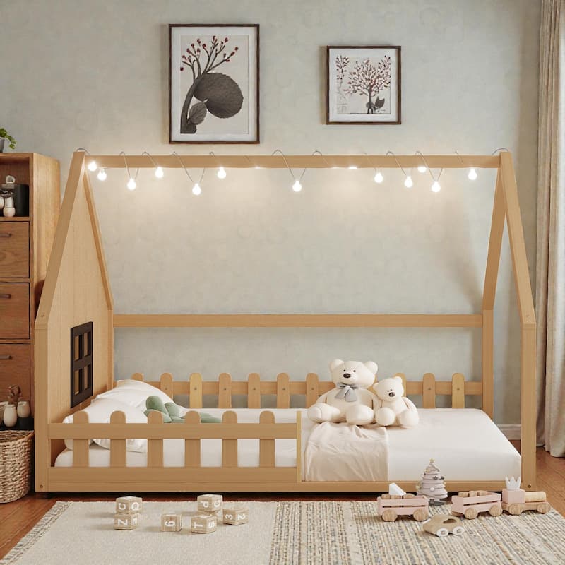 Full Size Wood House Bed with Window, Fence and LED Lights, Rustic Kids Floor Bed Frame