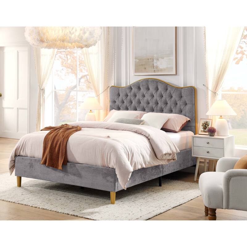 Tufted Upholstered Queen Bed Frame with Curved Headboard - Gray