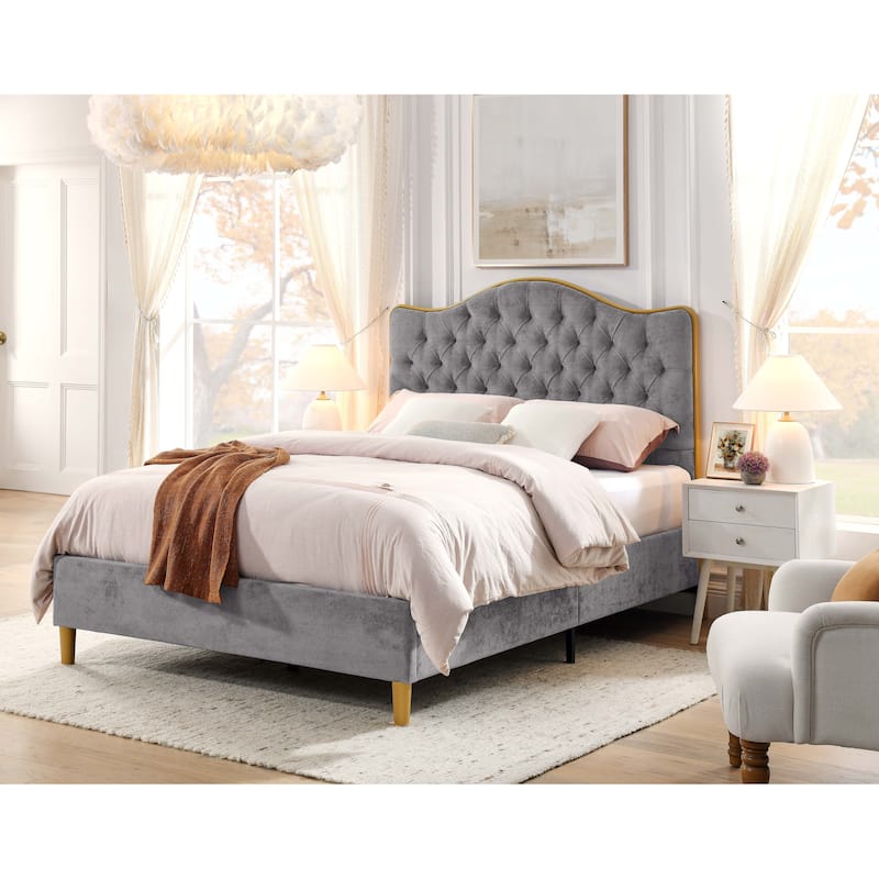 Upholstered Queen Bed Frame with Tufted Headboard and Wooden Legs - Gray