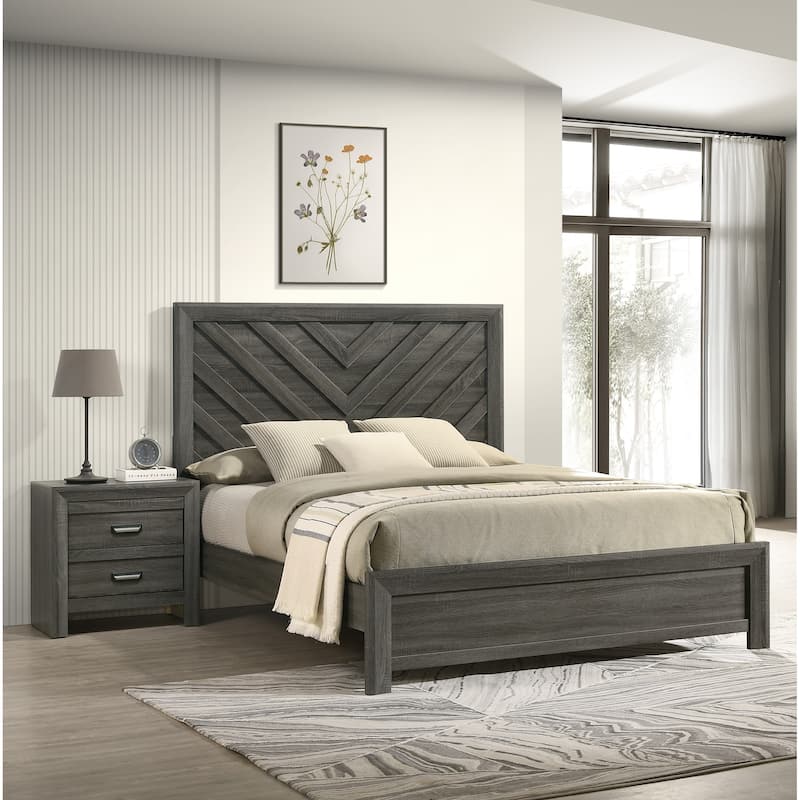 Rustic Gray Full Size Bed with Chevron Pattern Headboard, Solid Wood Furniture