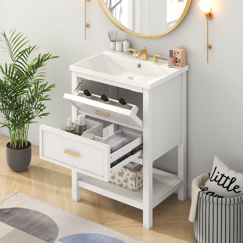 24'' Bathroom Vanity with Top Single Sink with 2 Drawers - White
