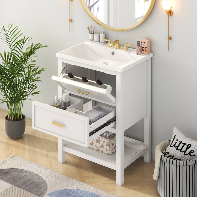 Blue and Gold Bathroom Vanity with Resin Basin Sink, U-Shaped Drawer, Textured Hardware, Storage Cabinet - 24in L MDF