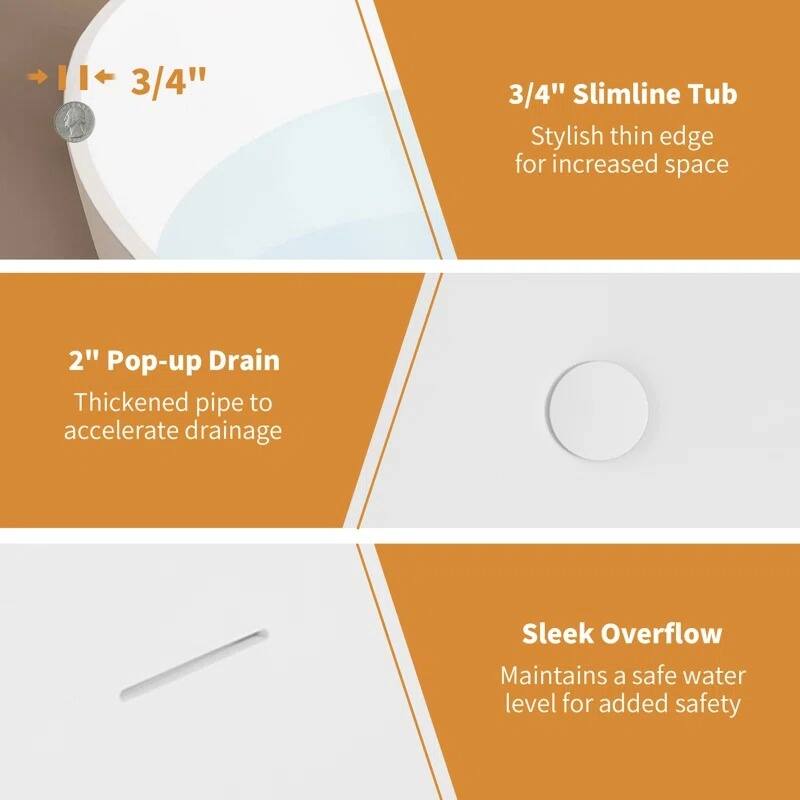 ABRUZZO 65" Freestanding Soaking Solid Surface Bathtub with Overflow and Pop-up Drain