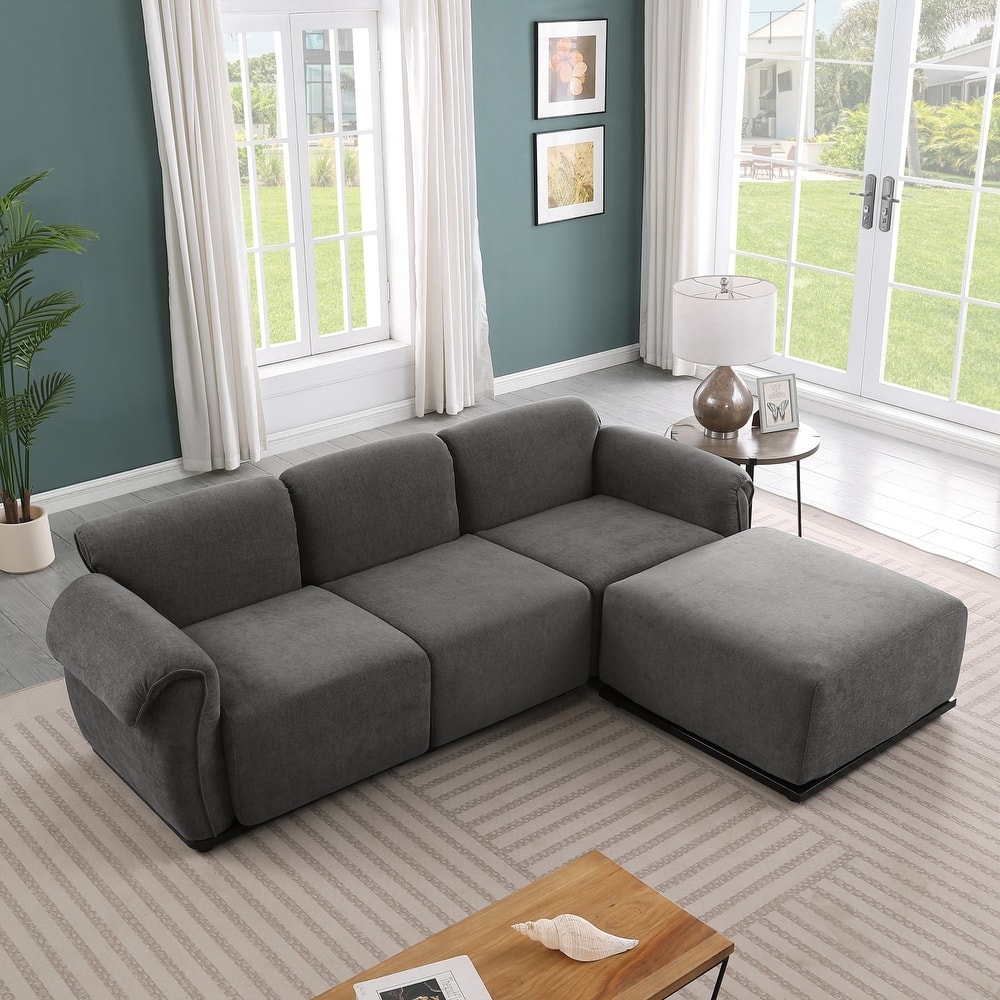 93" L-Shaped Modular Chenille Sectional Sofa with Movable Ottoman