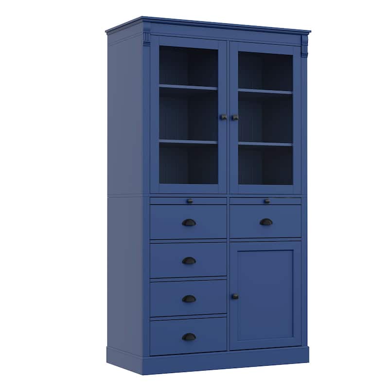72''H Kitchen Pantry, Display Storage Cabinet with Glass Doors and Drawers, Serving Trays and Shelves