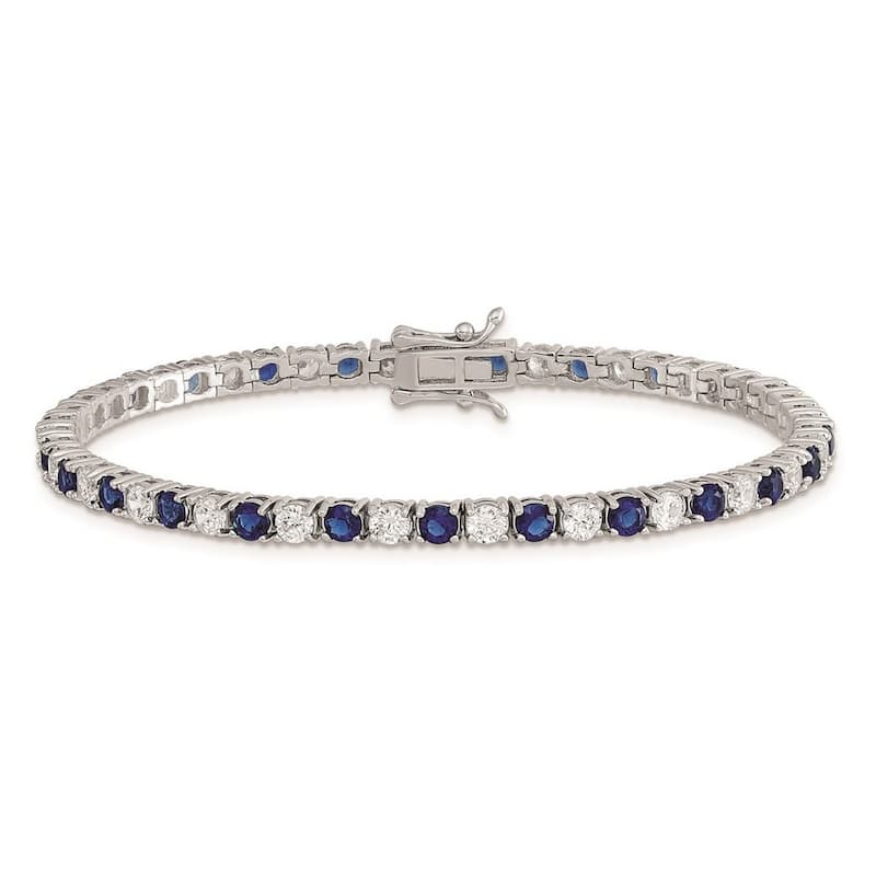 Curata 925 Sterling Silver Polished Safety clasp Box Catch Closure Blue and White CZ Cubic Zirconia Simulated Diamond Bracelet 7