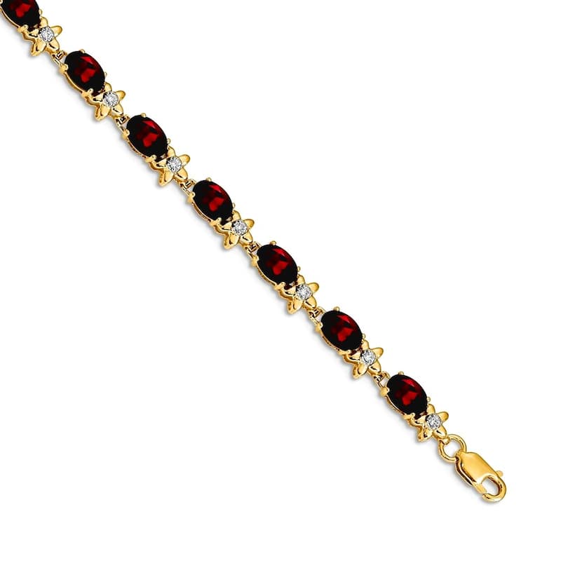 Curata Yellow or White 14k Gold 4.5mm 7" Gemstone and Diamond Flower Bracelet - Garnet - Yellow