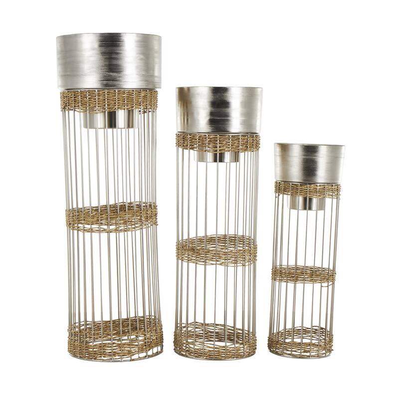 Metal Textured Dome Indoor Planter with Woven Seagrass or Rattan and Cage Rod Base - Set of 3 Gold or Silver - Roche River Decor