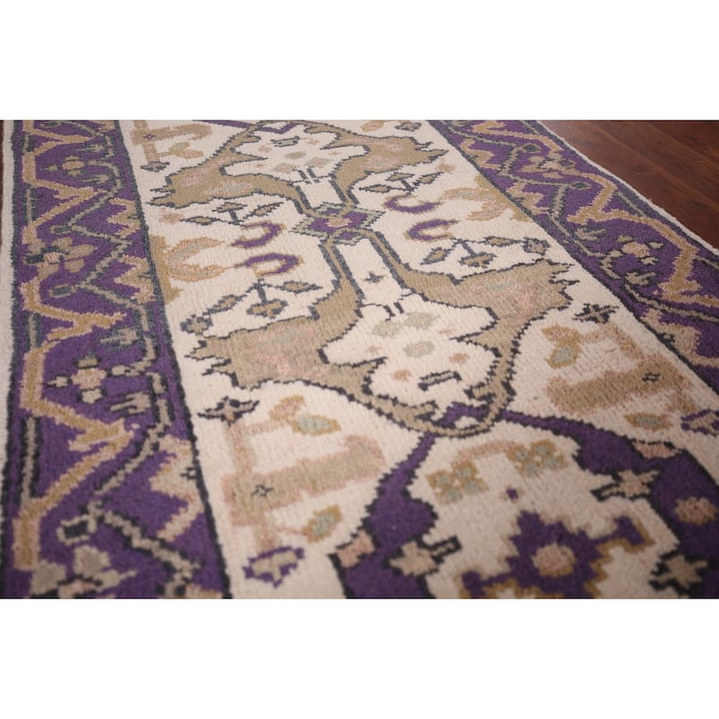 Ivory & Purple Oushak Indian Runner Rug Hand-Knotted Wool Carpet - 2'8"x 10'1"