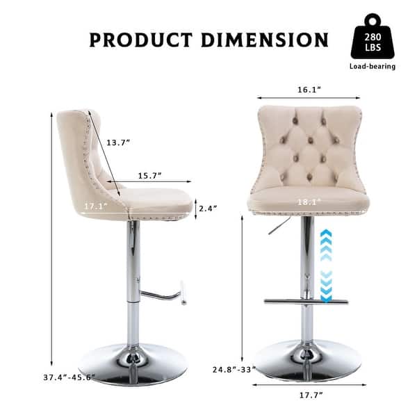 dimension image slide 1 of 16, Velvet Upholstered Nailheads Tufted Swivel Bar Stools (Set of 6)