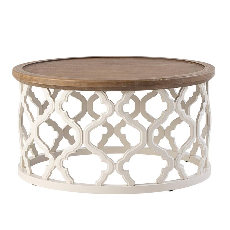 COZAYH Farmhouse End Table, Distressed Tray Top Coffee Table with Curved Motif Frame Base for Boho, Rustic, French Country