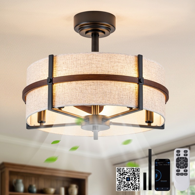 20" Farmhouse Caged Ceiling Fan with Lights, Boho Fandelier with Fabric Shade, 6 Speeds Chandelier Smart Ceiling Fan for Bedroom