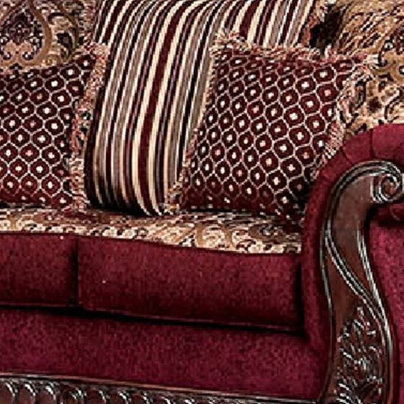 Nadira 2pc Sofa Loveseat Set, Wine Red Faux Leather, Gold, 5 Pillows