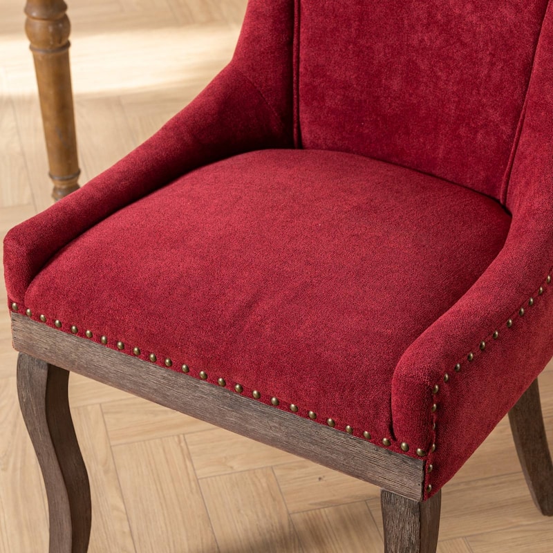 Thickened Fabric Side Dining Chair w/ Toned Bronze Nail Head Set of 2 - Beige