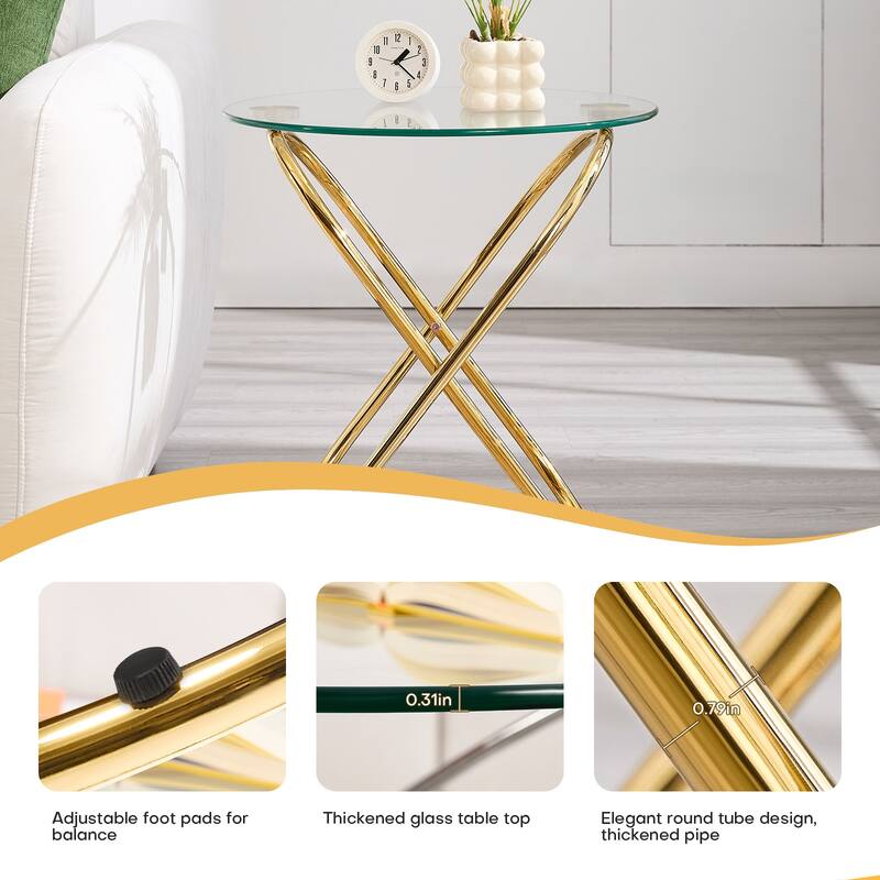 Tempered Glass Round Side/End Table with Metal Legs - 19.7"Dia Top x 21.7"H x 15.6"Dia Base