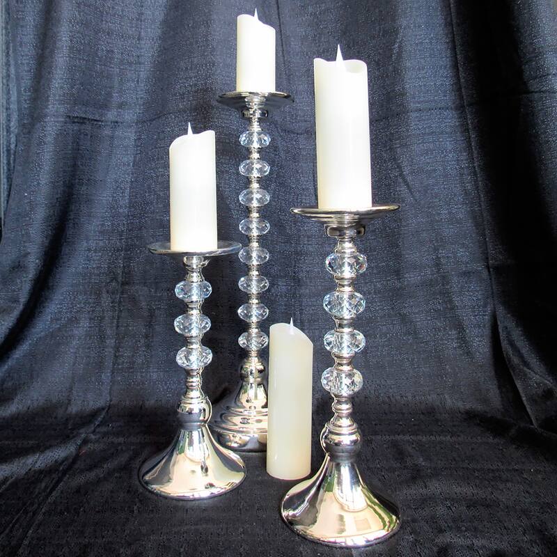 Silver Diamond Gem Crystal Candlestick Pillar Candle Holder Centerpiece