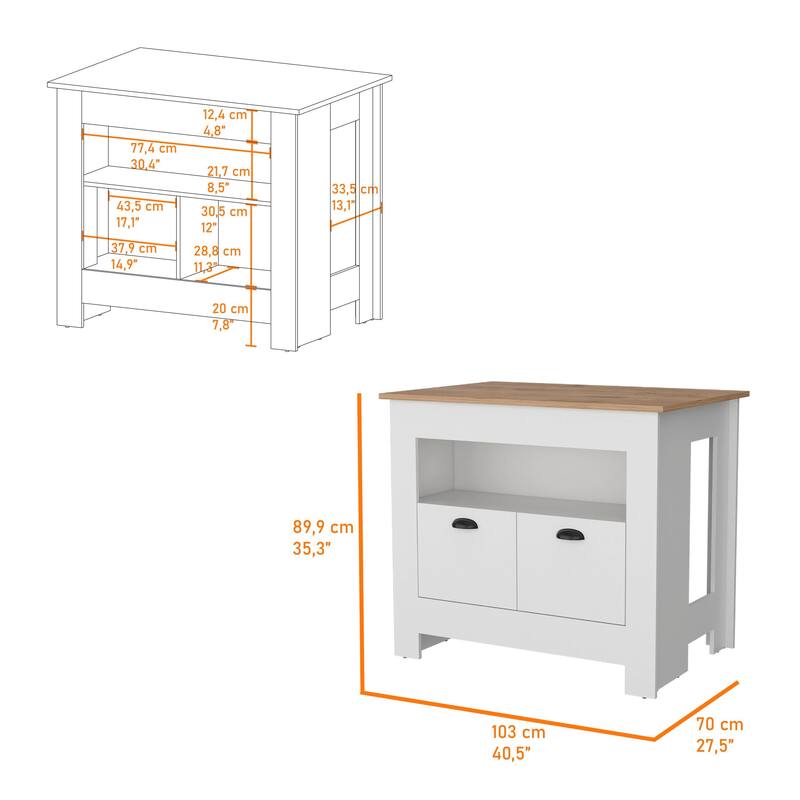 "Modern White Kitchen Island with 2 Doors, 3 Shelves for Organized Storage, Ideal for Cookware"