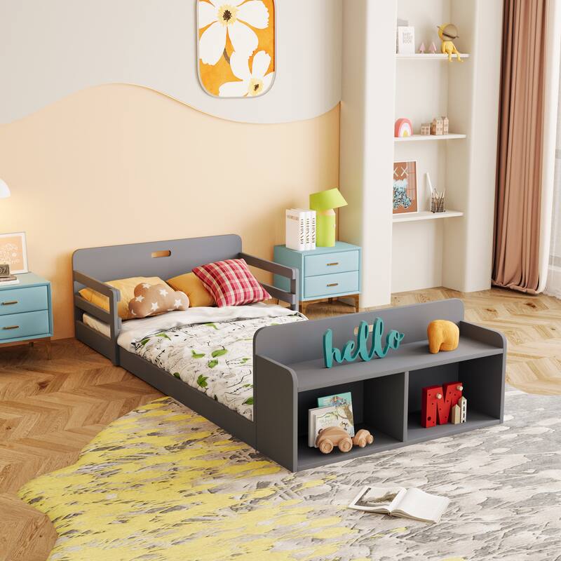 Twin Size Floor Bed with Storage Footboard and Guardrail
