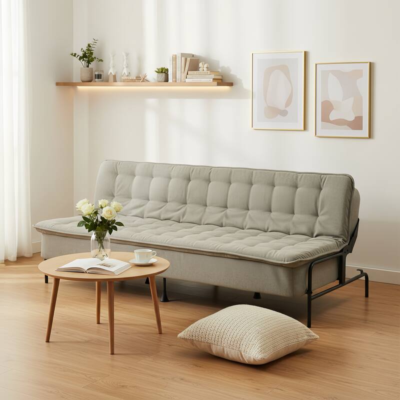 Homy Casa Modern Convertible Sofa Bed, Beige Futon Couch with Metal Frame