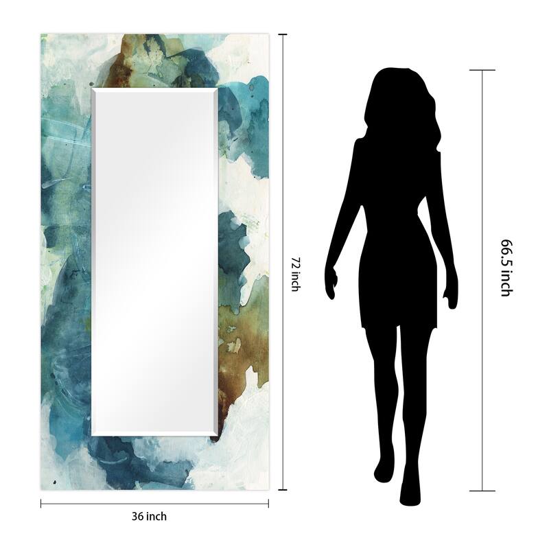 "Blue Sky" Abstract Rectangular Beveled Wall Mirror on Free Floating Tempered Glass - Multi - 72 x 36