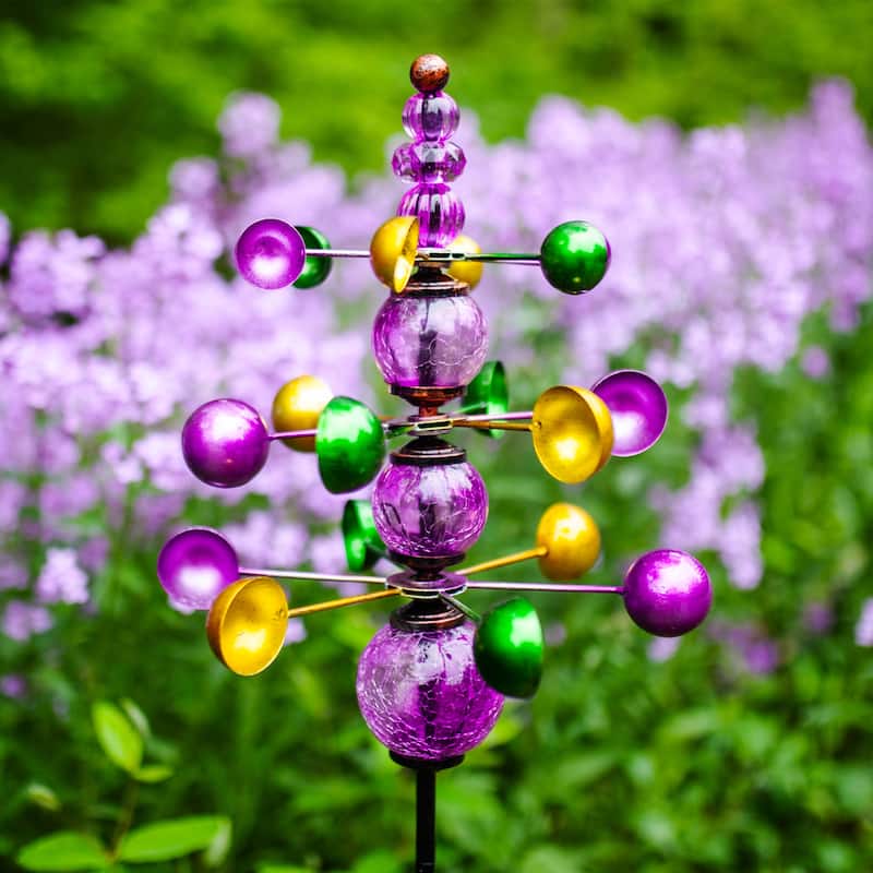 Exhart Three Tier Wind Spinner Garden Stake with Glass Crackle Balls, 14 by 48 Inches