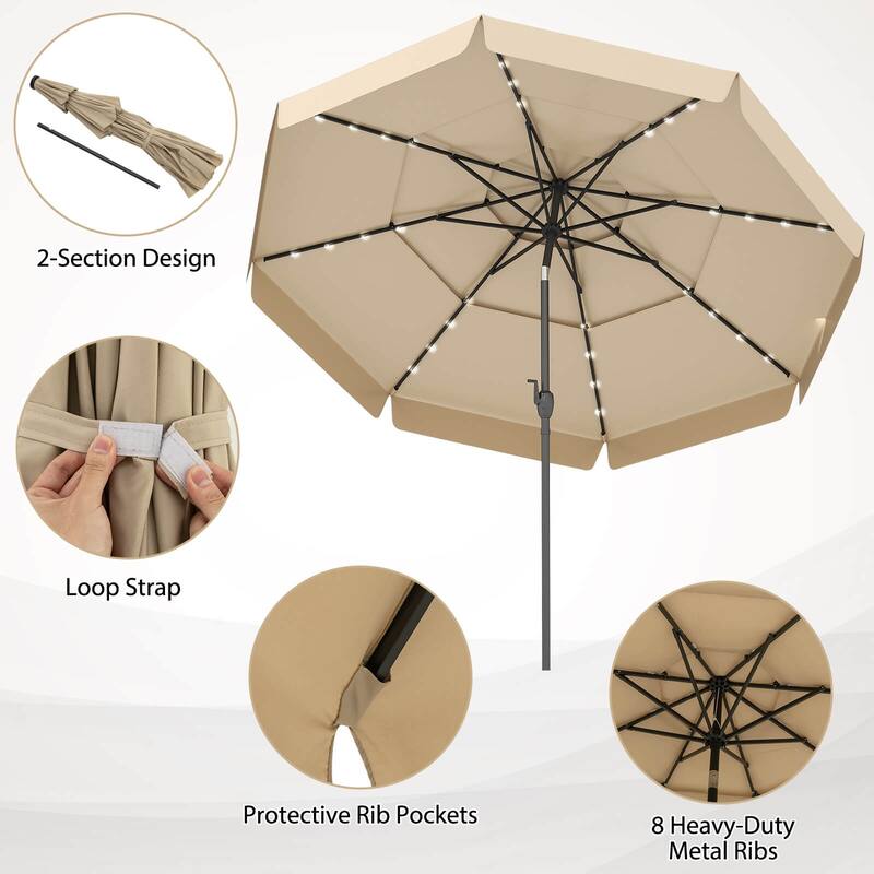 Costway 10 FT Solar Patio Umbrella with 32 LED Lights 3-Tier Vented