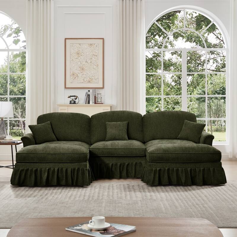U-shaped Classic Modular Comfy Sectional Sofa with Ottomans & Ruffles Pleats Skirts - Green