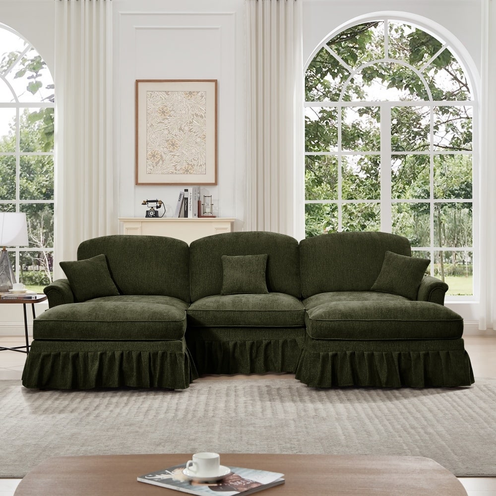 U-shaped Classic Modular Comfy Sectional Sofa with Ottomans & Ruffles Pleats Skirts