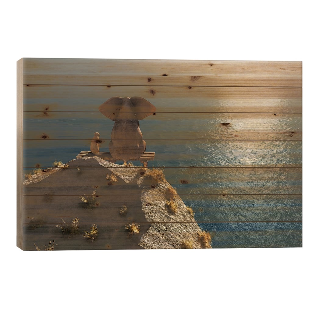 Elephant And Dog Rest On A Crag Near The Sea Print On Wood by Mike Kiev - Multi-Color